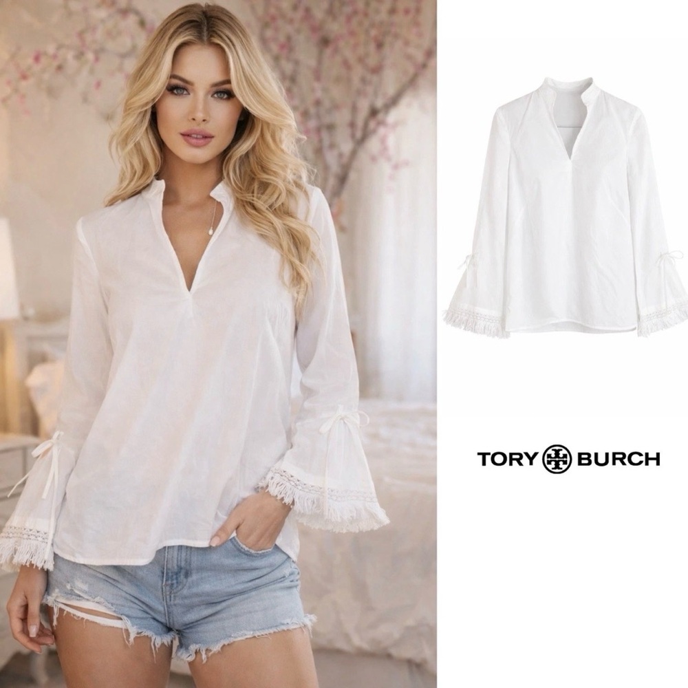 TORY BURCH Sophie Fringed Crochet Trimmed 100% Cotton Poplin Top Size 12